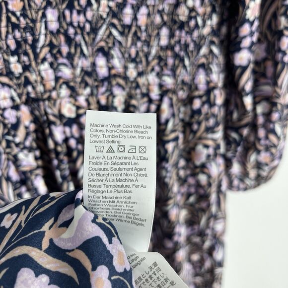 J Crew Dress Size Large Navy Purple Smocked Waist Floral Fields Mini V Neck - Picture 10 of 11